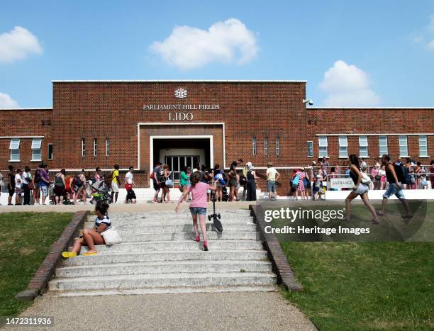 Parliament Hill Fields Lido, Gordon House Road, Gospel Oak, Camden, Greater London Authority, 2013. People queueing along the south elevation of...