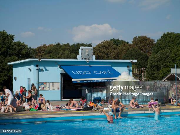 Tooting Bec Lido, Tooting Bec Road, Streatham, Wandsworth, Greater London Authority, 2013. The aerator fountain and cafe building at Tooting Bec...