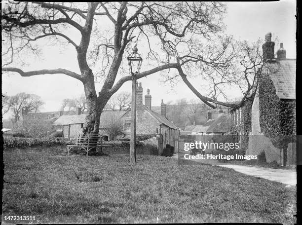 Village Green, Burton Bradstock, West Dorset, Dorset, 1922. A view of a lamp post and the Queen Victoria jubilee seat around a sycamore tree on the...