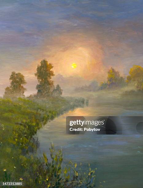 sunset on the river, oil painting - oil painting flowers stock illustrations
