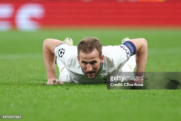 Harry Kane of Tottenham Hotspur looks on from the ground after missing a chance to score during the UEFA Champions League round of 16 leg two match...