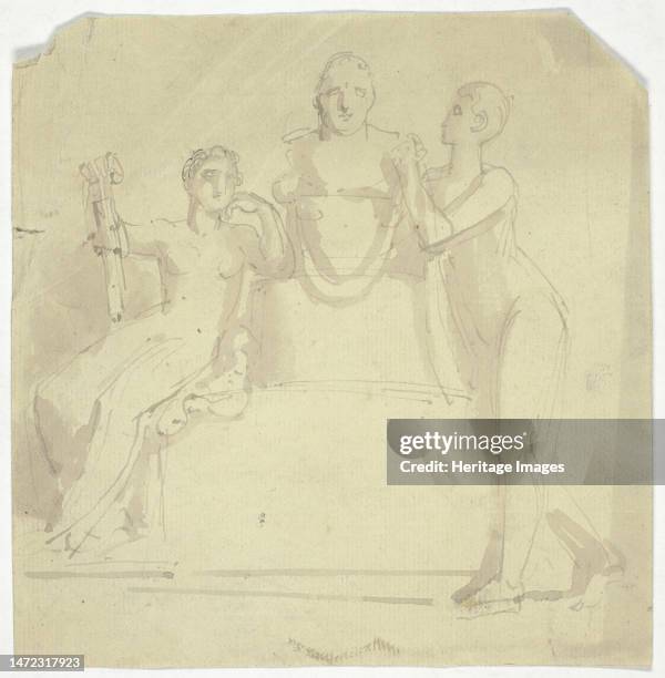 Two Female Figures with a Bust, n.d. Attributed to Thomas Stothard. Creator: Thomas Stothard.