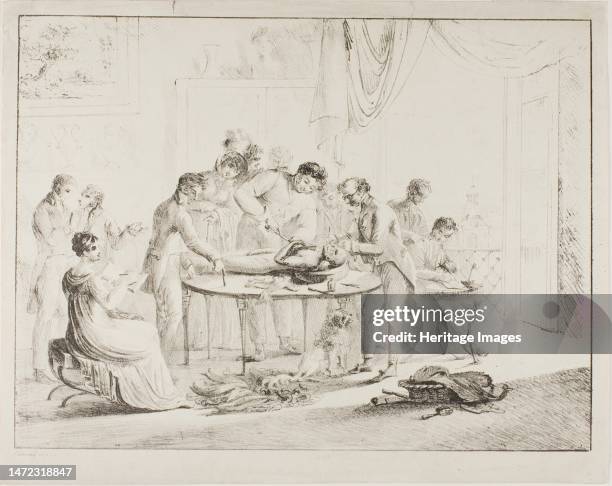 Unwrapping the Mummy, before 1825. Scene in the Paris apartment of Dominique-Vivant Denon, diplomat, explorer, and director of the Musée du Louvre....