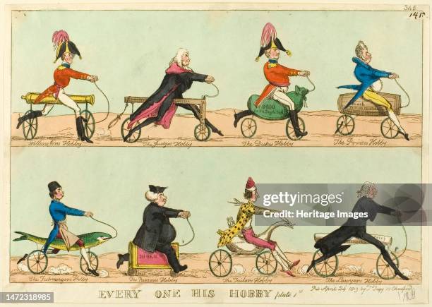 Everyone His Hobby, plate 1, published April 24, 1819. Caricatures of men riding hobby horses designed to reflect their profession: 'Wellington's...