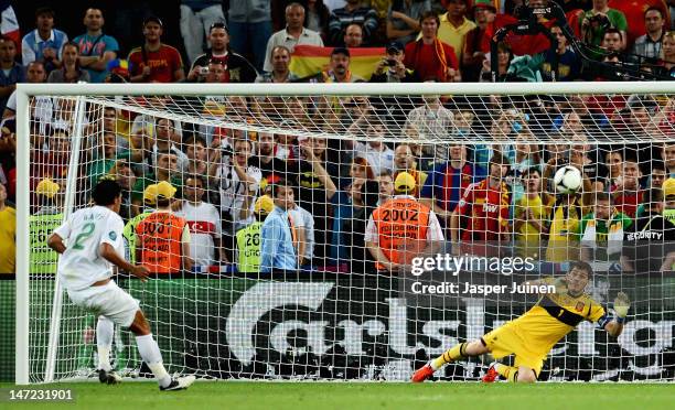 Bruno Alves of Portugal misses a penalty during the UEFA EURO 2012 semi final match between Portugal and Spain at Donbass Arena on June 27, 2012 in...