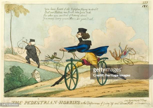 The Pedestrian Hobbies, or the Difference of Going Up and Down Hill, published April 8, 1819. Men riding hobby horses . The lack of gears and brakes...