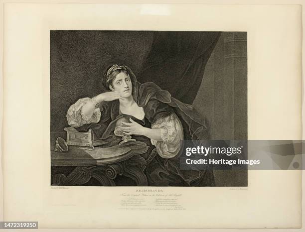 Sigismonda, published June 4, 1795. The weeping princess presses to her breast the heart of her lover Guiscardo, which his murderers have sent to her...