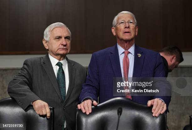 Committee Chairman U.S. Sen. Jack Reed and Ranking Member Sen. Roger Wicker talk as General Anthony Cotton, Commander of the U.S. Strategic Command,...