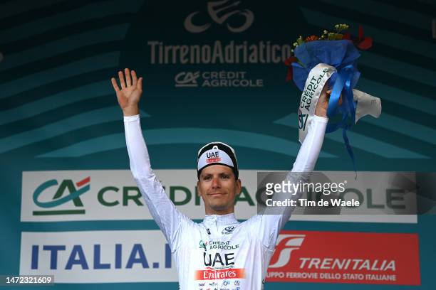 Joao Almeida of Portugal and UAE Team Emirates celebrates at podium as White Best Young Rider Jersey winner during the 58th Tirreno-Adriatico 2023,...