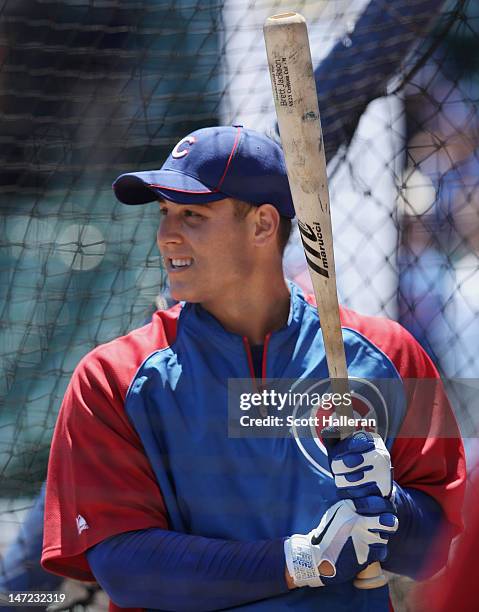 Anthony Rizzo of the Chicago Cubs waits on the field during batting practice prior to the start of the game against the New York Mets at Wrigley...