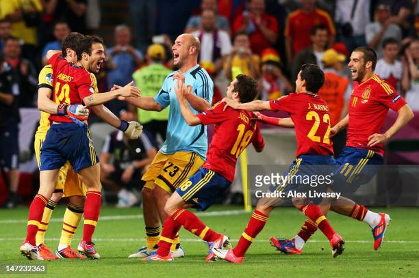 Spain players celebrate victory during the UEFA EURO 2012 semi final match between Portugal and Spain at Donbass Arena on June 27, 2012 in Donetsk,...