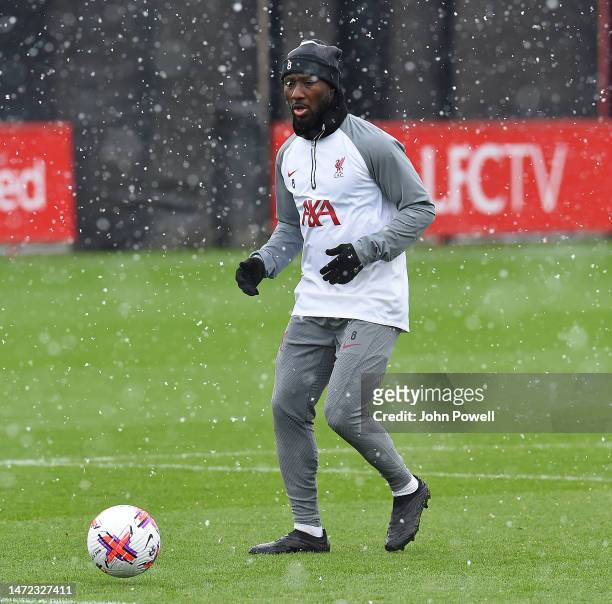 Naby Keita of Liverpool during a training session at AXA Training Centre on March 09, 2023 in Kirkby, England.