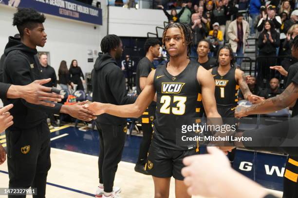 Jayden Nunn of the Virginia Commonwealth Rams is introduced before a college basketball game against the George Washington Colonials at the Smith...