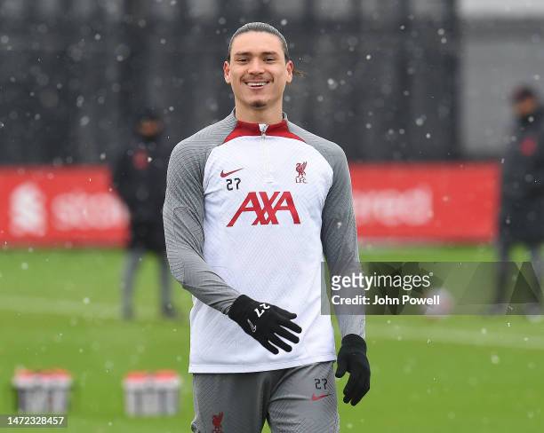 Darwin Nunez of Liverpool during a training session at AXA Training Centre on March 09, 2023 in Kirkby, England.