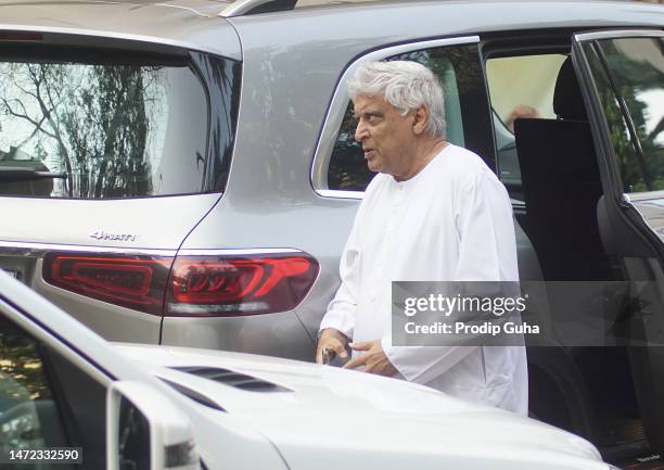 Javed Akhtar attends the last rites for Satish Kaushik on March 09, 2023 in Mumbai, India. Actor - filmmaker Satish Kaushik died at the age of 66...