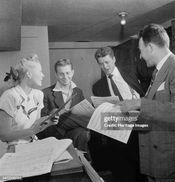 Portrait of Jerry Wald, Gordon MacRae, Mel TormÚ, Marion Hutton, and Jerry Jerome, Saturday Teentimers Show, New York, N.Y., ca. Aug. 1947. Creator:...