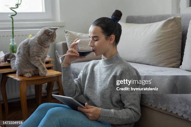 drinking wine at home - zoom date stock pictures, royalty-free photos & images