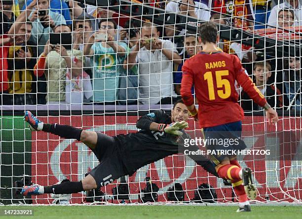 Spanish defender Sergio Ramos scores a penalty against Portuguese goalkeeper Rui Patricio during the Euro 2012 football championships semi-final...
