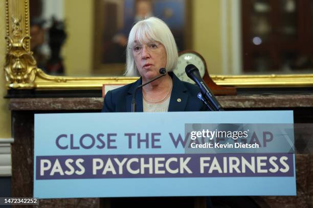 Sen. Patty Murray speaks on the Paycheck Fairness Act at the U.S. Capitol on March 09, 2023 in Washington, DC. The Paycheck Fairness Act aims to end...