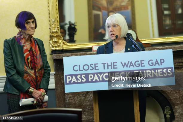 Sen. Patty Murray , joined by Rep. Rosa DeLauro speaks on the Paycheck Fairness Act at the U.S. Capitol on March 09, 2023 in Washington, DC. The...