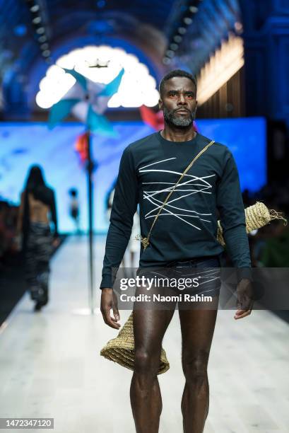 Model showcases designs by Yanggurdi during the Urban Oasis Runway at Melbourne Fashion Festival on March 09, 2023 in Melbourne, Australia.