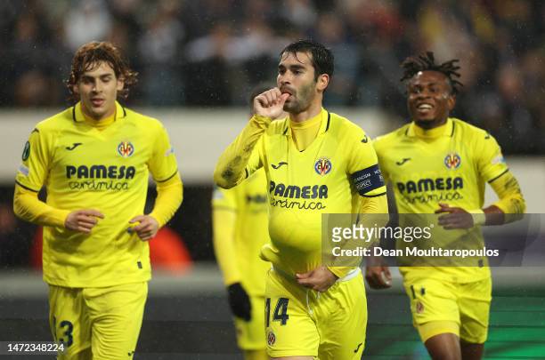 Manu Trigueros of Villarreal CF celebrates after scoring the team's first goal during the UEFA Europa Conference League round of 16 leg one match...