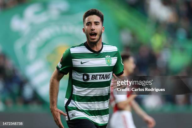 Goncalo Inacio of Sporting CP celebrates after scoring the team's first goal during the UEFA Europa League round of 16 leg one match between Sporting...