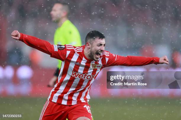 Josip Juranovic of 1.FC Union Berlin celebrates after scoring the team's first goal during the UEFA Europa League round of 16 leg one match between...