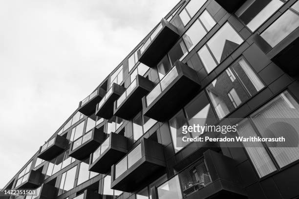 black and white, exterior architectural detail modern facade - aluminium stock pictures, royalty-free photos & images