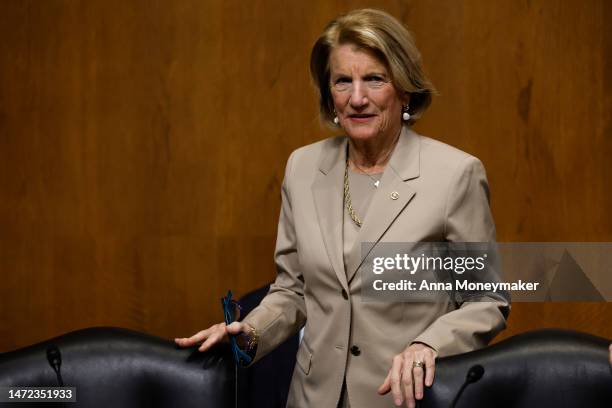 Ranking member Shelley Moore Capito arrives to a hearing with the Senate Environment and Public Works Committee on Capitol Hill on March 09, 2023 in...