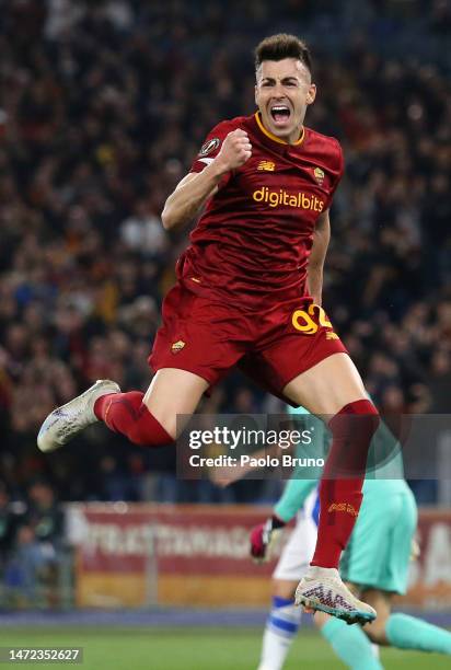 Stephan El Shaarawy of AS Roma celebrates after scoring the team's first goal during the UEFA Europa League round of 16 leg one match between AS Roma...