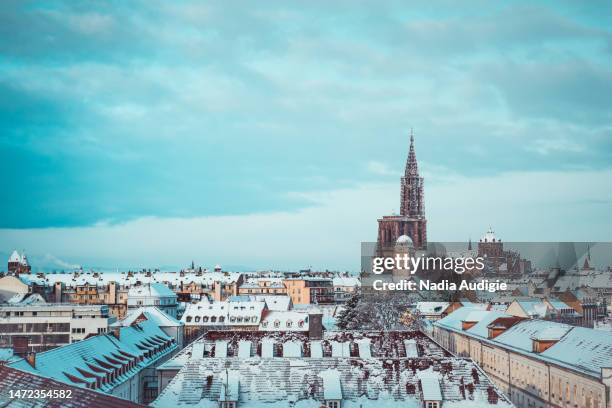 strasbourg cathedral and city center in the snow - christian audigie stock pictures, royalty-free photos & images