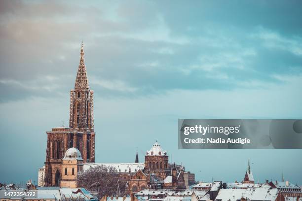 strasbourg cathedral and city center in the snow - christian audigie stock pictures, royalty-free photos & images