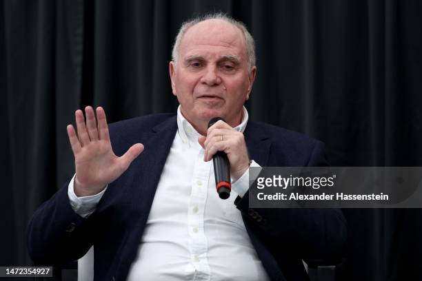 Uli Hoeness speaks during the MMM-Messe on March 09, 2023 in Munich, Germany. For many years, the trade fair has been regarded as the largest...