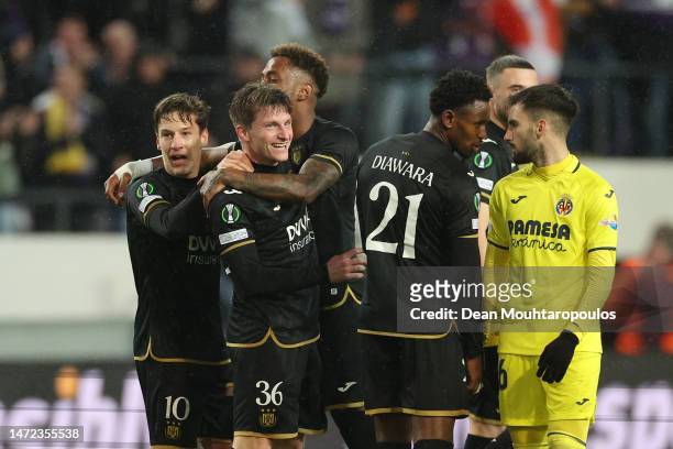Anders Dreyer of RSC Anderlecht celebrates with Yari Verschaeren and teammates after scoring the team's first goal during the UEFA Europa Conference...