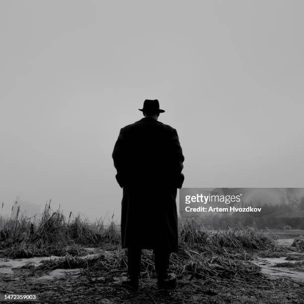 silhouette of gangster standing at winter river swamp - sombrero fedora fotografías e imágenes de stock