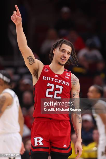 Caleb McConnell of the Rutgers Scarlet Knights celebrates against the Michigan Wolverines in the second half of the second round of the Big Ten...