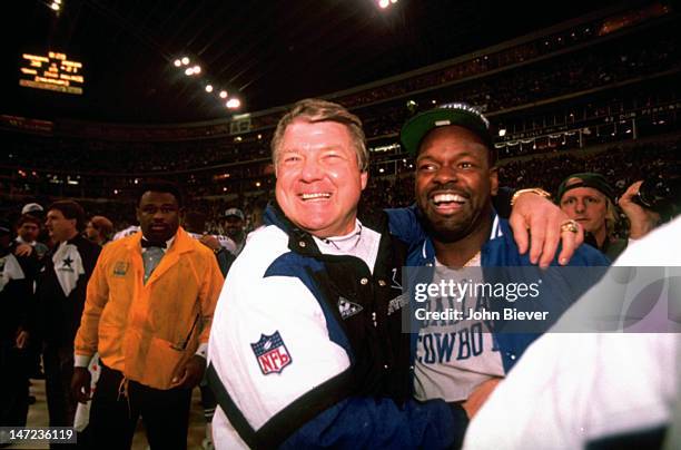 Playoffs: Dallas Cowboys head coach Jimmy Johnson and Emmitt Smith victorious after game vs San Francisco 49ers at Texas Stadium. Irving, TX...