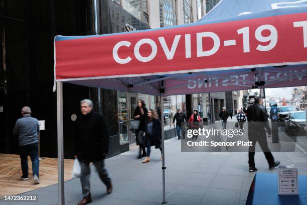 Covid-19 testing tent sits along a Manhattan street on March 09, 2023 in New York City. Three years since the outbreak of the global pandemic, which...