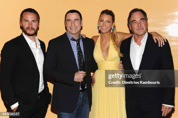 Taylor Kitsch, John Travolta, Blake Lively and Director Oliver Stone attend the "Savages" New York premiere at SVA Theater on June 27, 2012 in New...