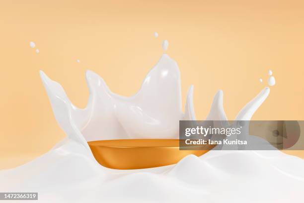 beautiful glossy gold podium for showing your product. 3d background. platform and splash of white liquid. - milk wave stock pictures, royalty-free photos & images