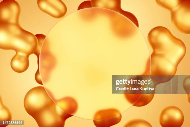 shiny gold molecules, oil drops and place for text on yellow background. beauty 3d pattern. cosmetic products for makeup and skin care. - vitamin drip stock pictures, royalty-free photos & images