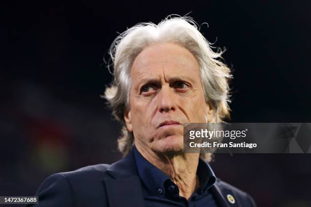 Jorge Jesus, Head Coach of Fenerbahce, looks on prior to the UEFA Europa League round of 16 leg one match between Sevilla FC and Fenerbahce at...