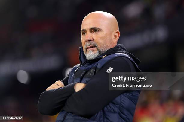 Jorge Sampaoli, Manager of Sevilla FC, looks on prior to the UEFA Europa League round of 16 leg one match between Sevilla FC and Fenerbahce at...