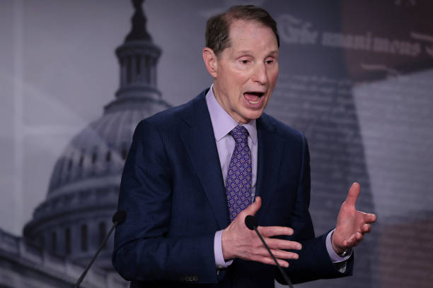 Sen. Ron Wyden speaks during a press conference at the U.S. Capitol on March 09, 2023 in Washington, DC. Democratic members of the U.S. Senate held...
