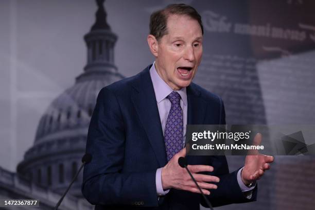 Sen. Ron Wyden speaks during a press conference at the U.S. Capitol on March 09, 2023 in Washington, DC. Democratic members of the U.S. Senate held...