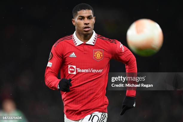 Marcus Rashford of Manchester United looks to the ball during the UEFA Europa League round of 16 leg one match between Manchester United and Real...