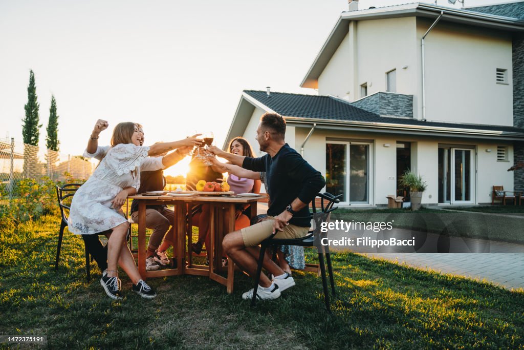 Freunde stoßen bei Sonnenuntergang gemeinsam mit Rotwein an