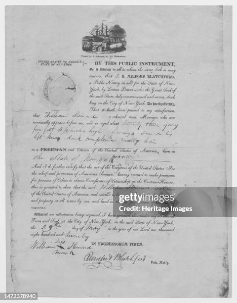 Manumission certificate for William Steward, mariner granted citizenship. Ship and dock scene, 1820-05-29. '...I, R. Milford Blatchford, a Public...