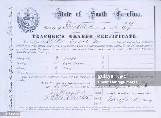 South Carolina Teacher's County Certificate of Qualification, First Grade, 1876. 'This certifies that Albro Lyons, Jr. [an African-American], having...